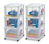 Iris Ohyama, Torre de Almacenamiento de Plástico con Ruedas, Pack de 2, 3 Cajones Grandes, Blanco, Fácil Apertura, Organizador para Baño y Dormitorio, Sin BPA, KMC-303