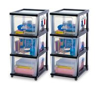 Iris Ohyama, Torre de Almacenamiento de Plástico con Ruedas, Pack de 2, 3 Cajones Grandes, Negro, Fácil Apertura, Organizador para Baño y Dormitorio, Sin BPA, KMC-303