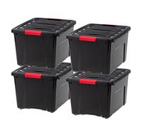 IRIS USA - Contenedor organizador de plástico de 40 cuartos de galón con tapa duradera y hebillas de cierre seguro, apilable y encajable, paquete de 4, negro con hebillas rojas