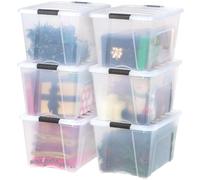 IRIS USA - Contenedor organizador de plástico de 53 cuartos de galón con tapa duradera y hebillas de cierre seguro, apilable y encajable, paquete de 6 unidades, transparente con hebilla negra