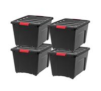 IRIS USA - Paquete de 4 contenedores de almacenamiento de plástico de 53 cuartos con tapa y hebillas de cierre seguro, color negro con hebilla roja