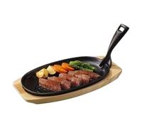 Iron Skillet Steak Pan, Oval Cast Iron Cookware with Wooden Handle Tray | Iron Skillet Steak Pan, Nonstick Oval Cookware with Wooden Handle Tray, for Fish, Bacon, Meat, Parties and Home Cooking