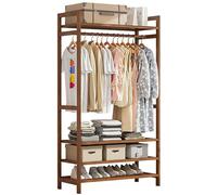 ISCBAFYX Perchero Independiente de bambú con Barra para Colgar, 2 estantes y Ganchos, Almacenamiento de Ropa de Madera Natural para Dormitorio y Pasillo, Elegante Perchero Abierto