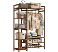 ISCBAFYX Perchero Independiente de bambú con Barra para Colgar, 2 estantes y Ganchos, Elegante Armario Abierto para Almacenamiento de Ropa para Dormitorio y Pasillo, Percha de Madera Natural