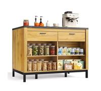 Isla de cocina 120×75×90cm - 2 cajones, 4 estantes abiertos, diseño rústico, superficie de mármol negro, estructura metálica - negro+natural
