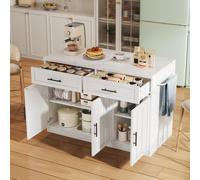 Isla de cocina, armarios de cocina con enchufes integrados y puertos USB, aparador con 2 cajones y 3 puertas con estantes ajustables, color blanco