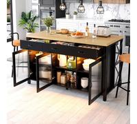 Isla de cocina con 3 cajones y puertas de cristal, de 150 x 80 x 90 cm, estilo industrial con estructura en forma de "X", iluminación LED, color y acabado natural