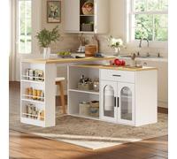 Isla de cocina con encimera giratoria de 360°, dimensiones 136x50x78 cm, con cajón, estantes y puertas de cristal, color blanco, ideal para cocina y comedor