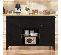 Isla de cocina con mesa extensible, encimera con aspecto de madera, 2 cajones, puertas de armario y estantes abiertos