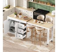 Isla de cocina con ruedas, zona de comedor extensible. Isla de cocina con estante para especias y cajones, isla de cocina móvil independiente, ideal para cocina y comedor. Dimensiones: 112-186.8 x 45 