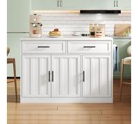 Isla de cocina de 120x60x91 cm con enchufes y puertos USB, zona de barra y encimera con aspecto de mármol blanco