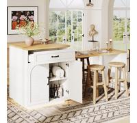 Isla de cocina Flieks con barra de luz LED, carro de servicio con mesa extensible, 2 cajones y 4 puertas, aparador de buffet de 141-193.5x70x95.5 cm, color blanco