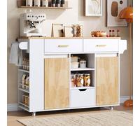 Isla de cocina Flieks con encimera plegable, carrito de cocina con estante para especias de 3 niveles, 3 cajones, ruedas con freno, carro de servicio, color blanco