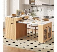 Isla de cocina moderna con enchufe y superficie extensible, barra con ruedas y amplio espacio de almacenamiento. Mesa de comedor extensible en color natural
