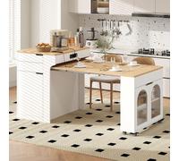Isla de cocina moderna con enchufe y superficie extensible, barra con ruedas y amplio espacio de almacenamiento, mesa de comedor extensible en blanco