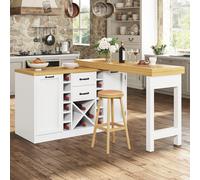 Isla de cocina MODFU con encimera giratoria de 360°, de 120 a 223 cm, mesa de comedor, armario de cocina con estantes para aperitivos, estante para vinos y soporte para cubo de basura, color blanco