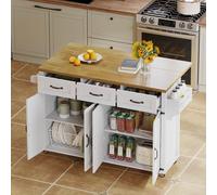 Isla de cocina MODFU con soportes para toallas a doble cara, armario de cocina con encimera abatible y 3 cajones, carro de servicio con 5 ruedas giratorias con freno, color blanco