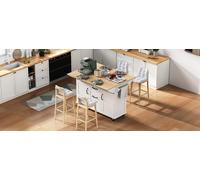 Isla de cocina multifuncional con función de mesa de comedor, carro de cocina con cajones y soporte para toallas, carro de servicio móvil con enchufes, color blanco