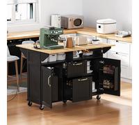 Isla de cocina multifuncional MODFU con función de mesa de comedor, carro de cocina con cajones y soporte para toallas, carro de servicio móvil con regletas de enchufes, color