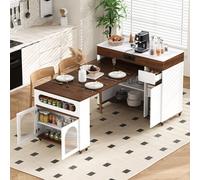 Isla de cocina multifuncional MODFU con mesa extraíble, aparador plegable sobre ruedas y mesa de comedor con toma de corriente integrada, color blanco, dimensiones 50,5–187,5 × 110,5 × 95,5 cm