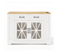 Isla de cocina portátil 120cm - mesa de comedor plegable, estante abierto, enchufe ac, puerto usb, puerta de vidrio, laminado ajustable, ruedas con frenos - blanco+natural
