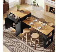 Isla de cocina STILVORA con barra de luces LED y mesa extensible, armario de cocina con 2 cajones y 2 puertas, y un aparador que funciona como carro de servicio fijo