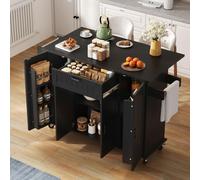 Isla de cocina STILVORA con encimera plegable, carro de cocina con ruedas, armario de cocina con 4 puertas y 1 cajón, estanterías integradas para especias en las puertas, soportes para toallas de dobl