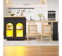 Isla de cocina STILVORA extensible, con iluminación LED y encimera de MDF. Mueble de cocina con 2 cajones y estantes ajustables. Aparador con puertas de vidrio acanalado