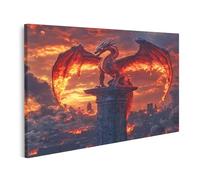 islandburner Cuadro sobre lienzo Dragón en Columna frente a la ciudad en llamas al atardecer para sala de estar fanáticos de la fantasía librería imágenes murales póster