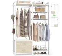 iSunirm Armario abierto con cajones y rieles dobles para colgar, perchero industrial de ropa de 115 cm de ancho con 2 contenedores de tela, almacenamiento de zapatos y estantes reversibles, perchero