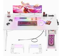 iSunirm Escritorio Gaming Blanco 120 cm con LED y Enchufes, Mesa de Ordenador con Soporte de Monitor Ergonómico, Escritorio PC Reversible con Gancho para Auriculares, Estación de Trabajo Estable