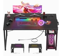 iSunirm Escritorio Gaming Negro 120 cm con LED y Enchufes, Mesa de Ordenador con Soporte de Monitor Ergonómico, Escritorio PC Reversible con Gancho para Auriculares, Estación de Trabajo Estable