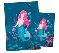 itenga Juego de carpeta de dibujo DIN A3 y carpeta de colección DIN A4 con diseño, carpeta de goma para coleccionar, para niños, jóvenes, estudiantes, niñas y niños (juego A3 y A4 diseño de sirena)