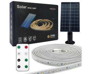 IWIIK Tira de Luz Solar Exterior Regulable, 1800mAH 3.2V, Flexible, Impermeable IP65, Luces Led con Mando a Distancia y Pica para jardín, Luz cálida 2700K (5M)