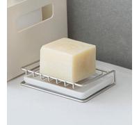 Jabonera de acero inoxidable Unyqoos® con plato de cerámica blanca para recoger el agua, de secado rápido y con protección contra derrames. Diseño compacto y ventilado, ideal para colocar jabones y es