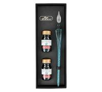 Jacques Herbin 29337T - Estuche con 2 tintas de 10 ml, verde de gris y azul calanco, y una pluma de cristal esmeralda Fabricado en Francia