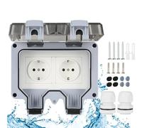 Jadeshay Enchufe de Exterior Doble, Toma de Corriente Enchufe IP66 Impermeable con Conector de Cable y Tapa Abatible, Enchufes Estancos para Cocina, Baño, Garaje, Piscina y Jardín