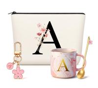 Jadive 4 Regalos para Mujer Taza de Café de Cerámica con Inicial, Neceser de Lona, Llavero con Inicial, Regalos de Cumpleaños para Esposa, Hermanas, Damas de Honor y Amigas, Navidad