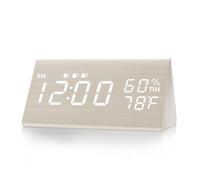 JALL Reloj despertador digital de madera para dormitorios y oficina, 3 alarmas con dígitos grandes, pantalla de humedad y temperatura, regulador de intensidad de 6 niveles, repetición, reloj de