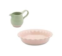 Jamie Oliver Plato redondo Big Love Proper Pie de cerámica rosa para llevar comida del horno a la mesa, con bordes festoneados, 28 x 28 cm, y jarra verde con esmalte brillante, 650 ml, 19 x 11 cm