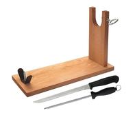 Jamonero de madera con herraje en V, pincho y fijación pezuña + Set de cuchillo Jamonero (25cm) y Chaira (21cm) acero inoxidable alta cali