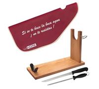 Jamonero de madera con herraje en V + Set de cuchillo jamonero (25cm) y Chaira (21cm) + Funda para jamón 'Tiberic'