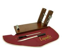 Jamonero Modelo Reserva con Set de cuchillo Jamonero, chaira y cubre jamón burdeos, Soporte para Jamón y paletillas fijo realizado en madera de pino color nogal. Antideslizante