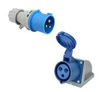 Jandei - Pack Conector de Potencia, Toma industrial 16A 2P+T (3 polos) 200-250V Vac IP44, Macho Aéreo + Hembra Pared. Enchufes Industriales Adaptador.