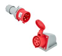Jandei - Pack Conector Trifásico de Potencia, Toma industrial 16A 3P+N+T (5 polos) 240-415 Vac IP44, Macho Aéreo + Hembra Pared. Enchufes Industriales Adaptador