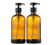 Janxin 2 pcs Amber Glass Soap Dispenser, Botes Gel y Champu Rellenables Baño, Bath Gel and Shampoo Dispenser, con Almohadilla de Silicona Antideslizante(Punto Negro de Botella marrón)