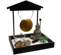 Jardín Zen Estilo japonés Decorativo: Incluye Figura, Piedras, portas Velas, Gong, rastrillo y Arena, en Color Negro, 16,5 Alto x 15 x 12 cms.