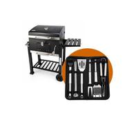 JARDIN202 - Barbacoa de Carbón Alabama Grande con Ruedas, Termómetro y Altura Ajustable | Parrilla Grill de Carbón con Carrito y Tapa | (Set BBQ + Juego 13pcs)