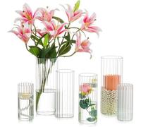 Jarrón cilíndrico de vidrio transparente Unyqoos® – Set de 6 (15/20/25 cm), decoración de mesa y candelabro con pared gruesa y base pesada, ideal para velas tipo stump, velas pequeñas y flores