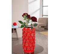 Jarrón de cerámica cilíndrico, 30 cm de alto, 17 cm de diámetro, esmaltado, con motivos de rosas, color rojo